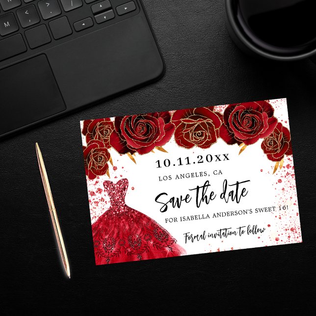 Sweet 16 black gold dress florals save the date announcement postcard (Creator Uploaded)
