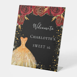 Sweet 16 black gold dress red floral  welcome pedestal sign