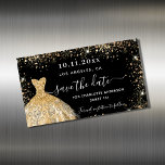 Sweet 16 black gold dress save the date magnet<br><div class="desc">A girly and trendy Save the Date magnet for a Sweet 16,  16th birthday party. A stylish black background decorated,  faux gold glitter sparkles and a golden dress. Personalise and add a date and name/age. The text: Save the Date is written with a large trendy hand lettered style script.</div>