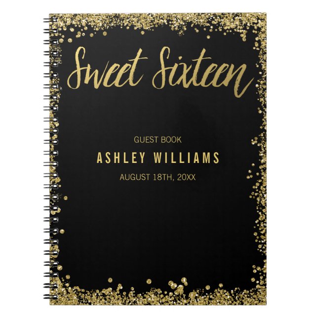 Sweet 16 Black Gold Faux Glitter Guest Book (Front)