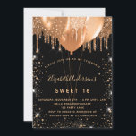 Sweet 16 black gold glitter balloons invitation<br><div class="desc">For an elegant Sweet 16,  16th birthday.  A stylish black background. Decorated with dark faux gold glitter and balloons.  Personalise and add a name,  age and party details. The name is written with a hand lettered style script</div>