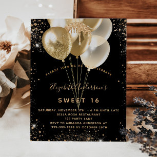 Sweet 16 black gold glitter balloons invitation