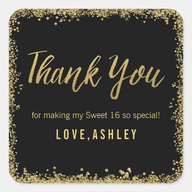 Sweet 16 Black Gold Glitter Birthday Favours Square Sticker (Front)