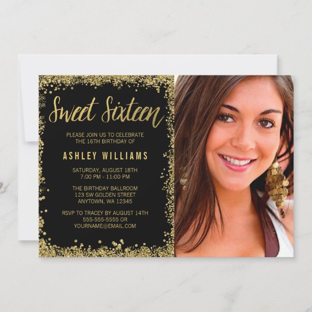 Sweet 16 Black Gold Glitter Birthday Invitation (Front)