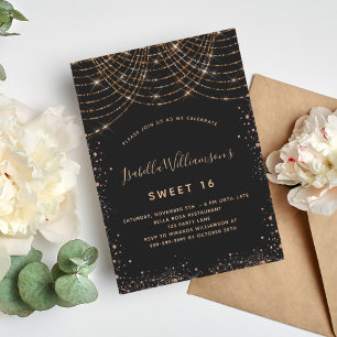 Sweet 16 black gold glitter birthday invitation