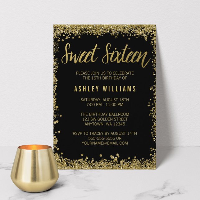 Sweet 16 Black Gold Glitter Birthday Invitation (Creator Uploaded)