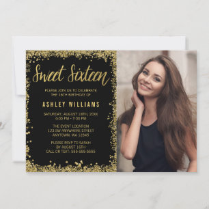Sweet 16 Black Gold Glitter Birthday Invitation