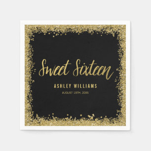 Sweet 16 Black Gold Glitter Birthday Napkin