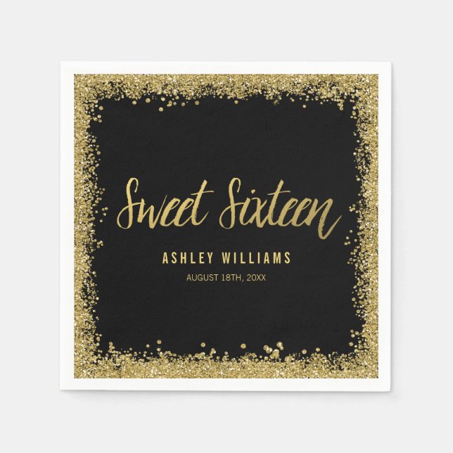 Sweet 16 Black Gold Glitter Birthday Napkin (Front)