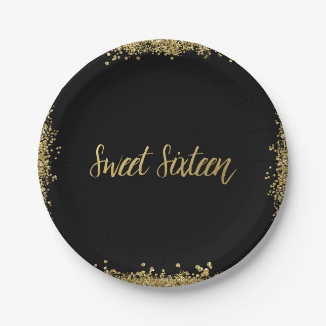 Sweet 16 Black Gold Glitter Birthday Paper Plate (Front)
