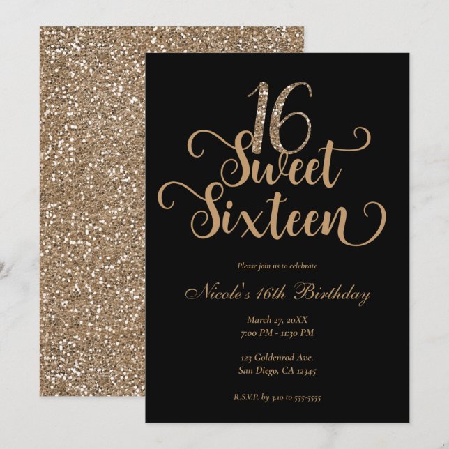 Sweet 16 Black & Gold Glitter Birthday Party  Invitation (Front/Back)