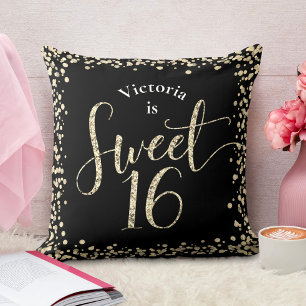 Sweet 16 Black Gold Glitter Confetti Birthday Chic Cushion