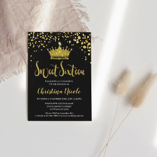 Sweet 16 Black Gold Glitter Confetti Crown Invitation