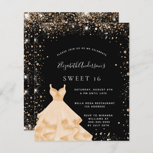 Sweet 16 black gold glitter dress invitation (Front/Back)