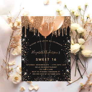 Sweet 16 black gold glitter dust balloons 16th invitation postcard