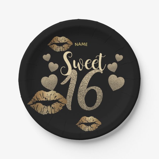 Sweet 16 Black Gold Glitter Personalised Paper Plate (Front)