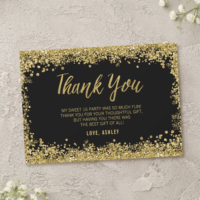 Sweet 16 Black Gold Glitter Thank You Card (Creator Uploaded)