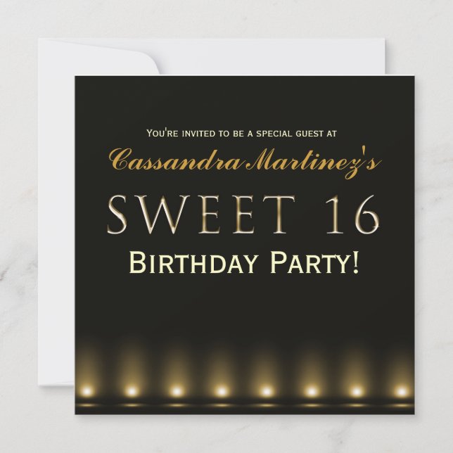 SWEET 16 Black Gold Hollywood Party Invitation (Front)