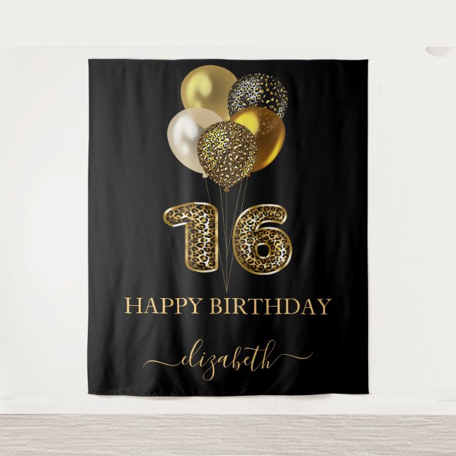 Sweet 16 black gold leopard print balloons tapestry (Front)