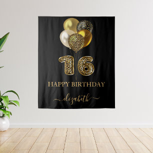 Sweet 16 black gold leopard print balloons tapestry
