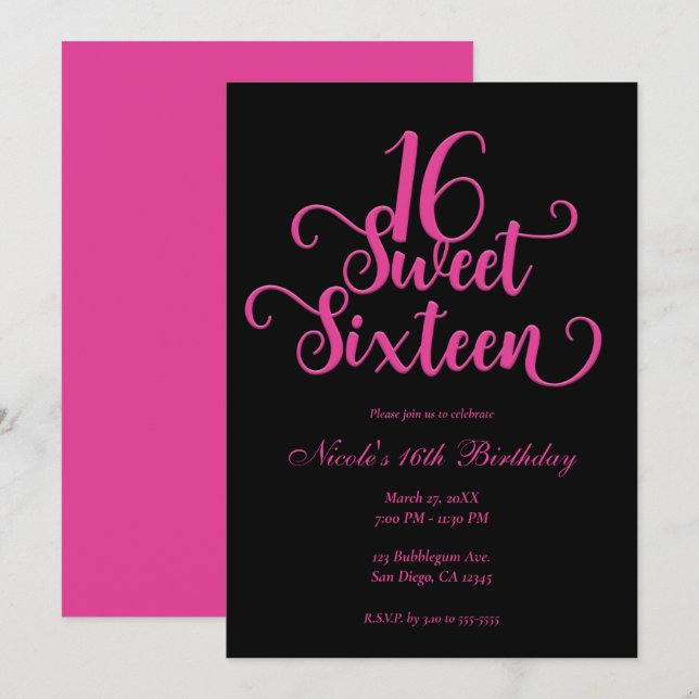 Sweet 16 Black & Hot Pink Birthday Party  Invitation (Front/Back)
