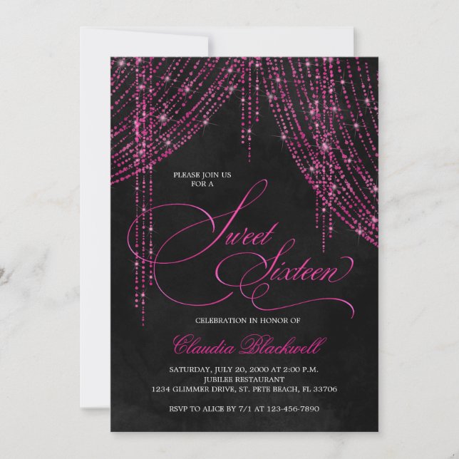Sweet 16 Black Hot Pink Glitter Birthday Invitation (Front)