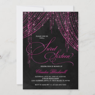 Sweet 16 Black Hot Pink Glitter Birthday Invitation
