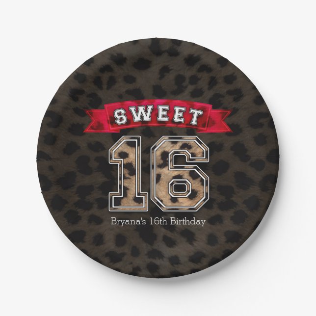 Sweet 16 Black Leopard Print Party Paper Plate (Front)