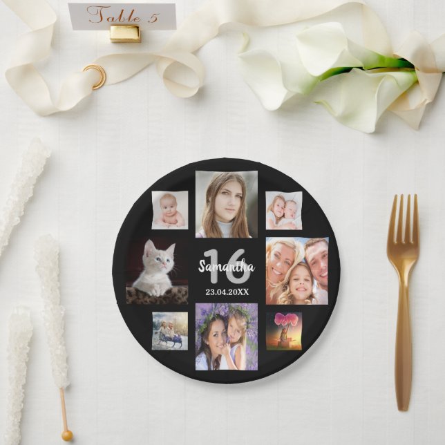 Sweet 16 Black photo collage Paper Plate (Wedding)