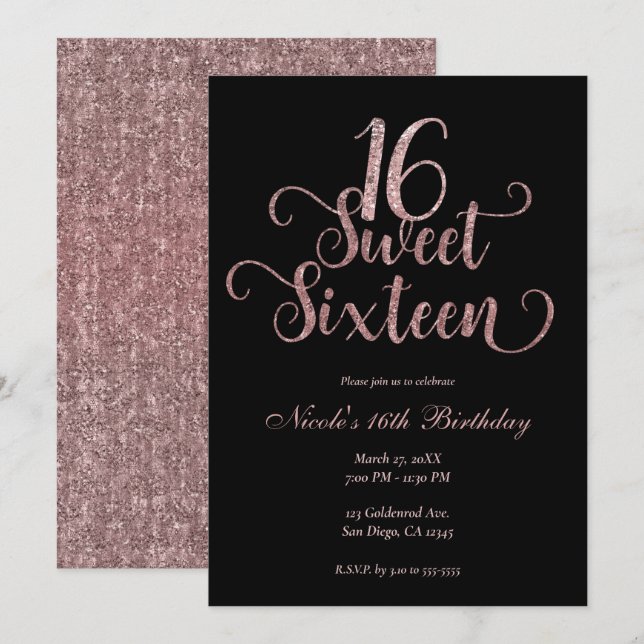 Sweet 16 Black & Pink Glitter Birthday Party Invitation (Front/Back)