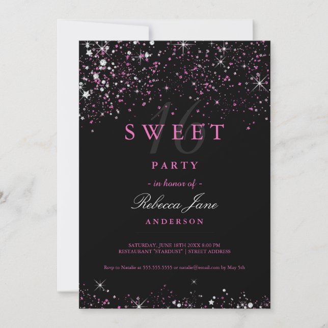 Sweet 16 Black Pink Sparkle Glitter Invitation (Front)