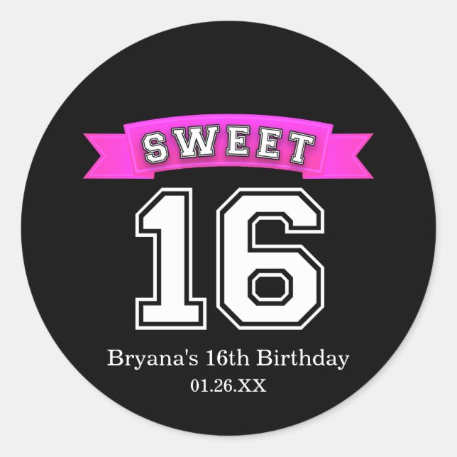 Sweet 16 Black & Pink Sports Birthday Party Classic Round Sticker (Front)