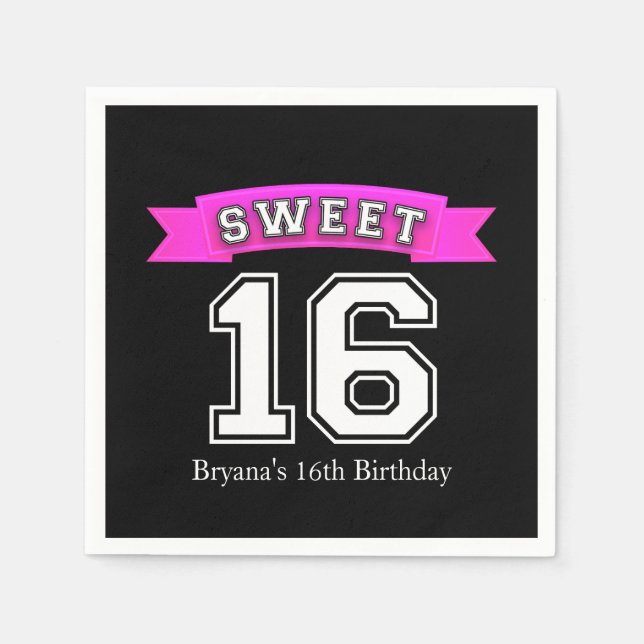 Sweet 16 Black & Pink Sports Birthday Party Napkin (Front)