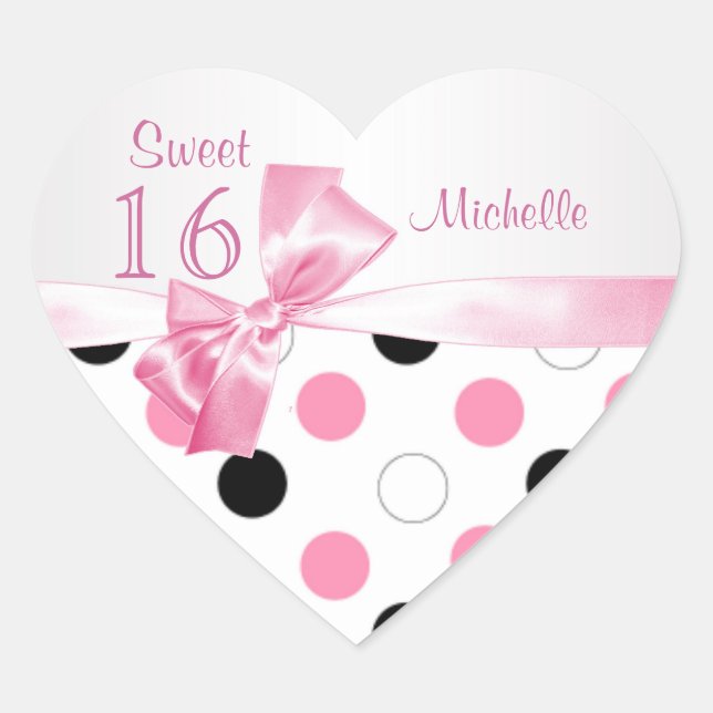 Sweet 16 black,pink, white polka dots heart sticker (Front)