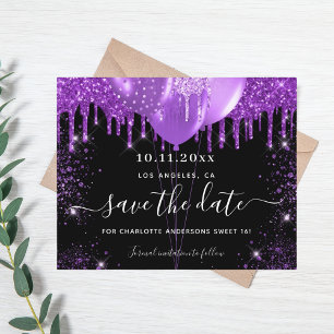 Sweet 16 black purple budget save the date flyer