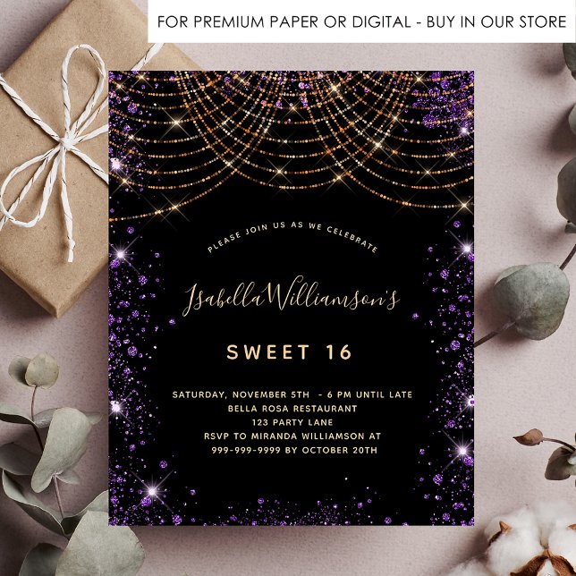 Sweet 16 black purple glitter gold invitation (Creator Uploaded)