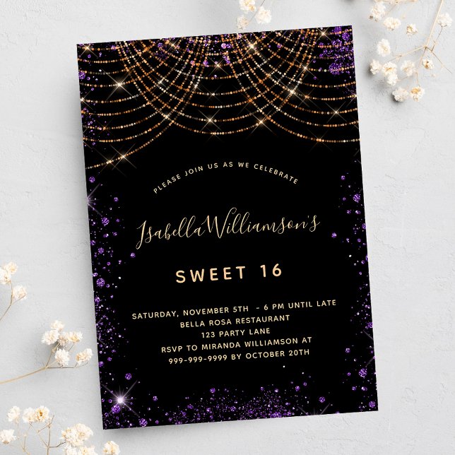Sweet 16 black purple gold glitter birthday invitation (Creator Uploaded)