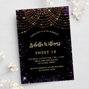 Sweet 16 black purple gold glitter glamourous invitation postcard