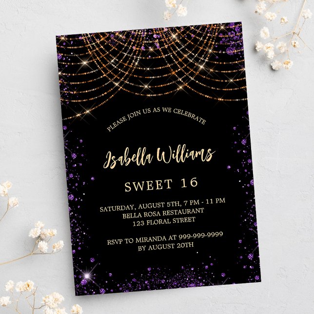 Sweet 16 black purple gold glitter luxury invitation (Creator Uploaded)