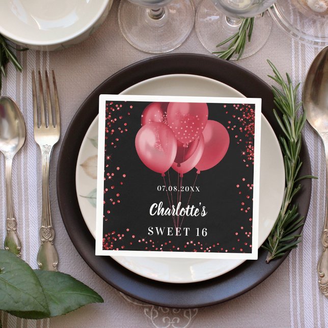 Sweet 16 black red balloons napkin (Creator Uploaded)