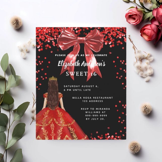 Sweet 16 black red dress bow invitation (Creator Uploaded)