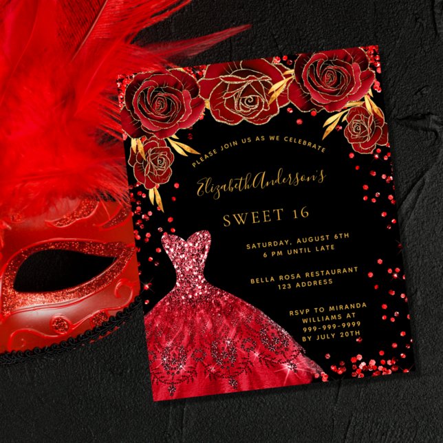 Sweet 16 black red dress budget invitation flyer (Creator Uploaded)