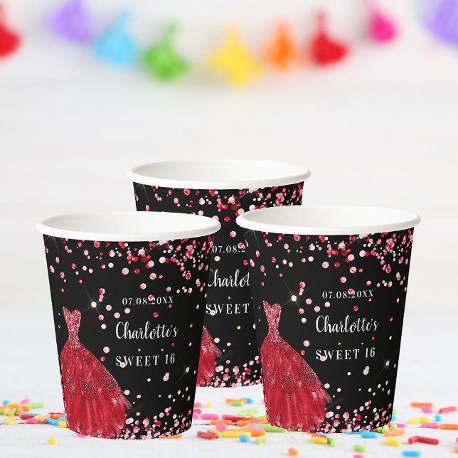Sweet 16 black red dress confetti name paper cups (Creator Uploaded)