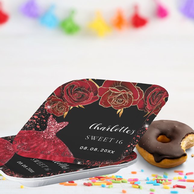 Sweet 16 black red dress flowers paper plate (Creator Uploaded)
