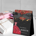 Sweet 16 black red dress flowers thank you favour box<br><div class="desc">This elegant,  classic,  and girly favour box is a perfect gift to give at a Sweet 16,  16th birthday. A black background,  red roses and a red dress. With the text: Sweet 16 and Thank You. Personalise and add your name and date for an extra personal touch!</div>