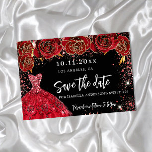 Sweet 16 black red dress save the date announcement postcard