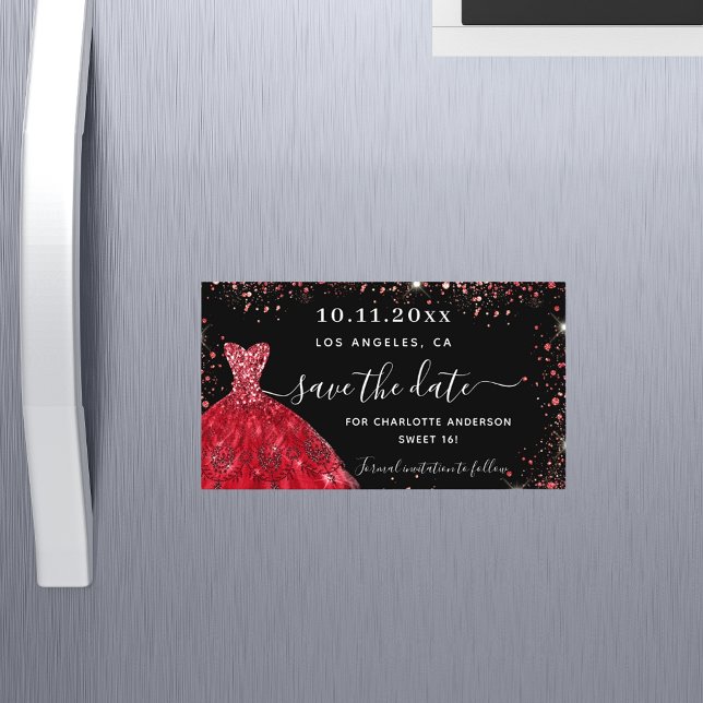Sweet 16 black red dress save the date magnet (Creator Uploaded)