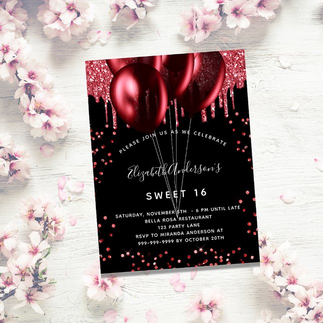 Sweet 16 black red glitter balloons party invitation (Creator Uploaded)