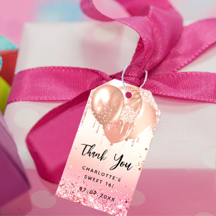 Sweet 16 black rose gold balloons thank you gift tags
