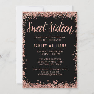 Sweet 16 Black Rose Gold Faux Glitter Birthday Invitation